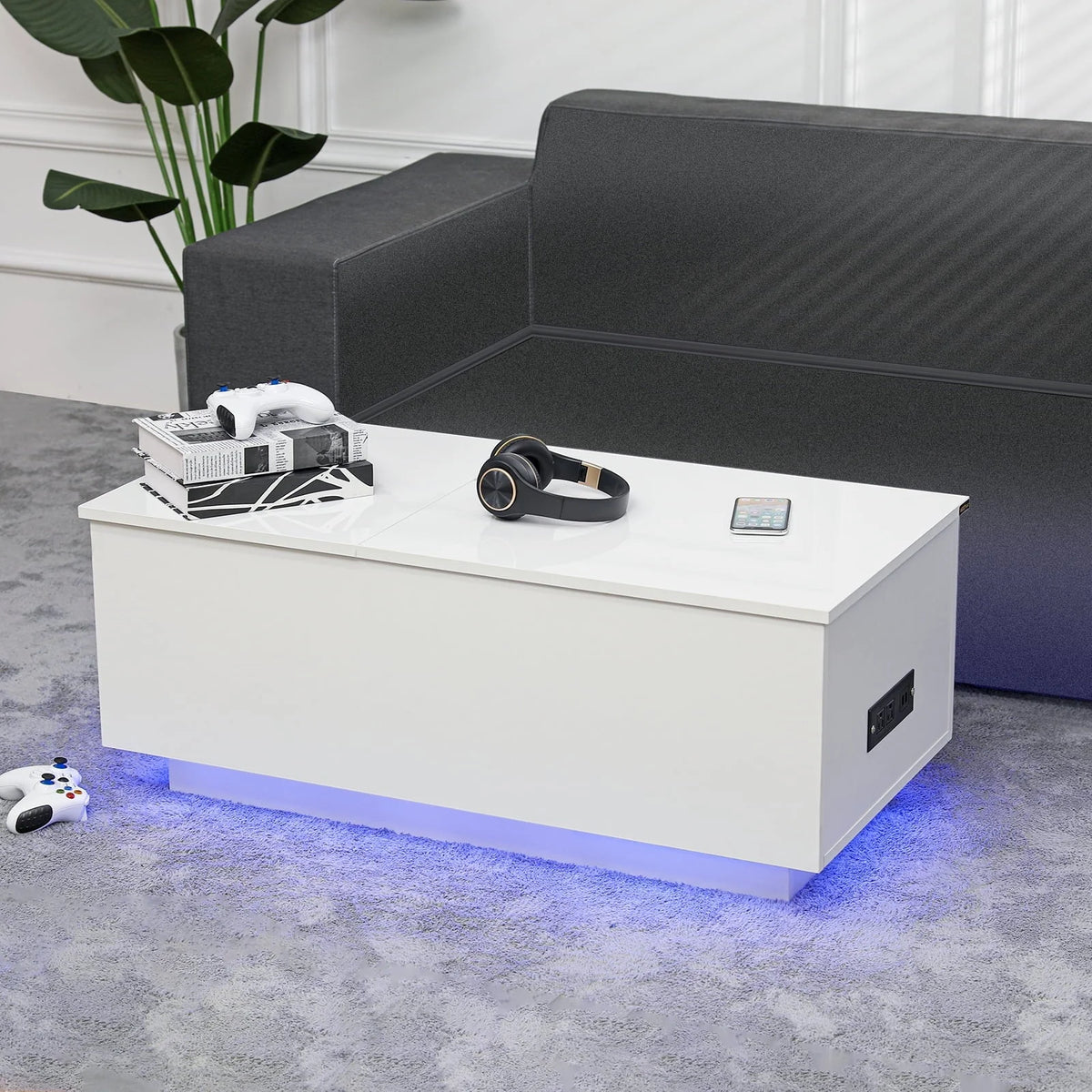 LED Coffee Table Lift Top End Table with with Charging Station and Storage Space Modern Rectangle Cocktail Tables Sofa Side Dining Table
