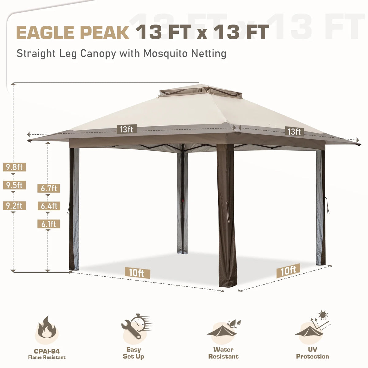 EAGLE PEAK 13' x 13' Pop-Up Gazebo Tent Instant w/Mosquito Netting，Outdoor Gazebo Canopy Easy Set-up Folding Shelter (Beige/Brown)