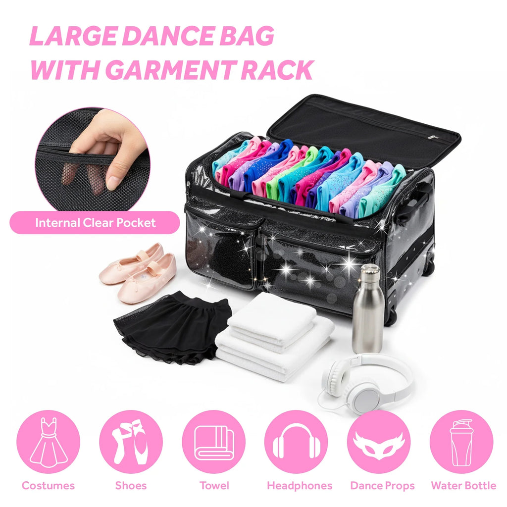 Dance Bag with Garment Rack,23"Glitter Rolling Dance Competition Bag with Organizer Bag, Collapsible Dance Travel Bag Suitcase for Dancers Performer Artist,Pink