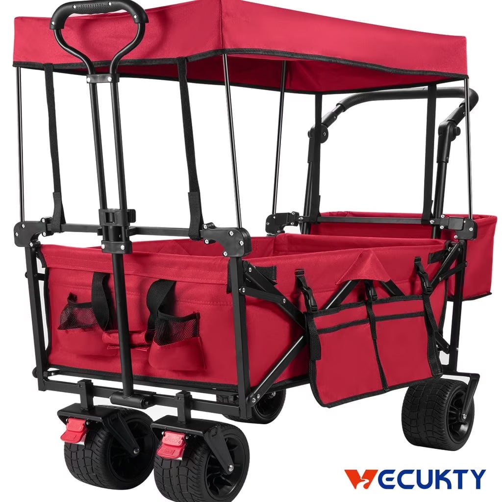 VECUKTY Collapsible Garden Wagon Cart with Removable Canopy Black