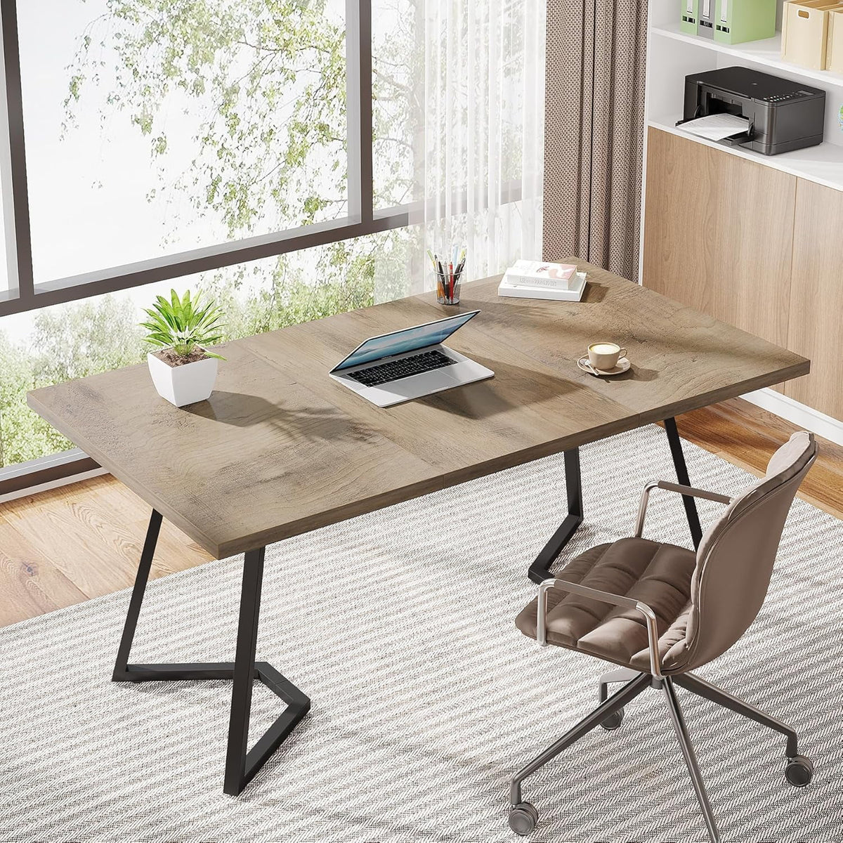 Finmind Modern Home Office Desk, Adult Study Writing Table with Metal Legs, White & Gold, 55.11" L x 31.49" D x 29.52" H