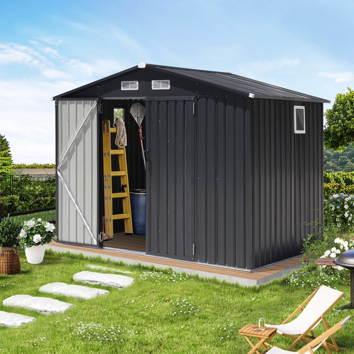 JOIVI 8'x6' Outdoor Storage Shed, Galvanized Metal Tool Storage Shed, Weather Resistant Garden Shed W/Lock for Backyard Patio Lawn, Brown