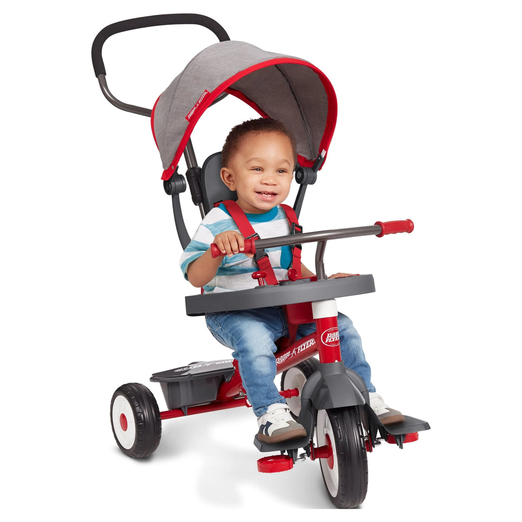Radio Flyer, 4-in-1 Stroll 'N Trike with Activity Tray, Red & Gray, Convertible Tricycle
