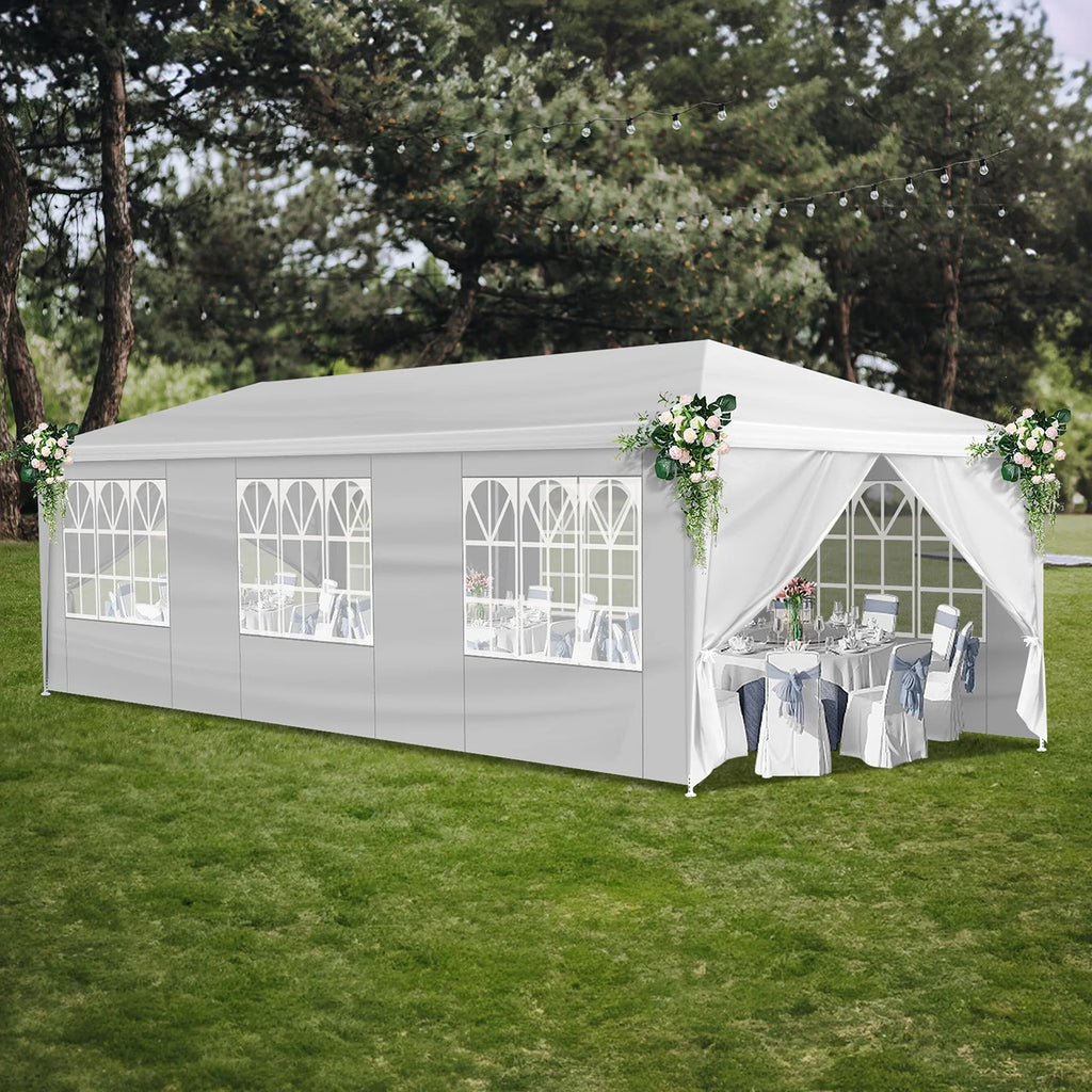 10'x30' Outdoor Party Tent with 8 Removable Sidewalls, Waterproof Canopy Patio Wedding Gazebo, White
