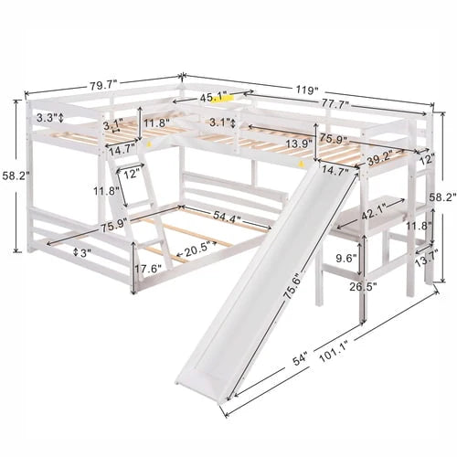 L Shaped Triple Bunk Bed for 5, Twin Over Full Bunk Bed and Twin Size Loft Bed with Built-in Desk, and Slide,Full-Length Guardrail, White