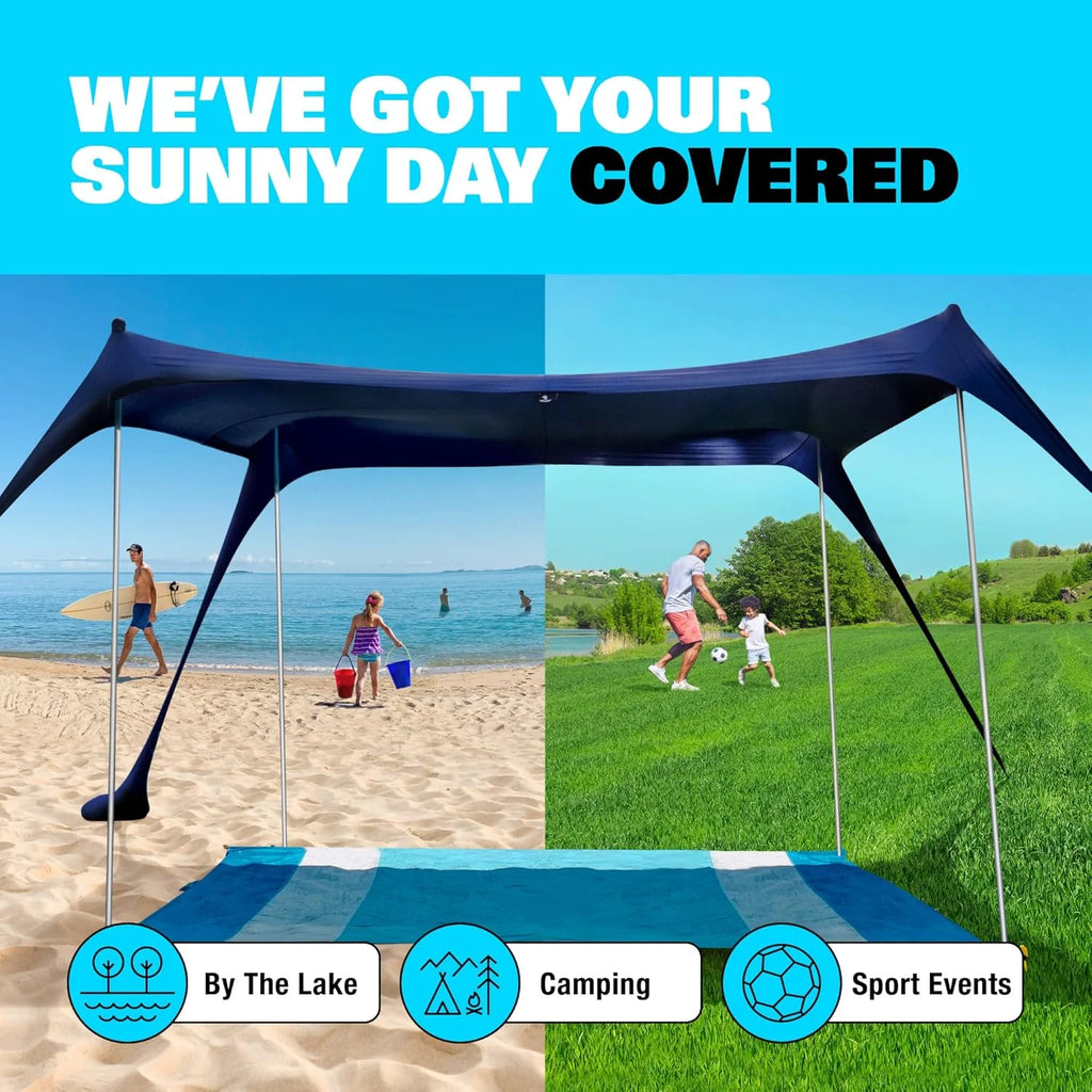 SUN NINJA 10x10.5 FT Pop-Up Beach Tent with Sand Shovel, Pegs & Stability Poles Navy Blue Sun Shelter for Beach, Camping & Outdoor Activities
