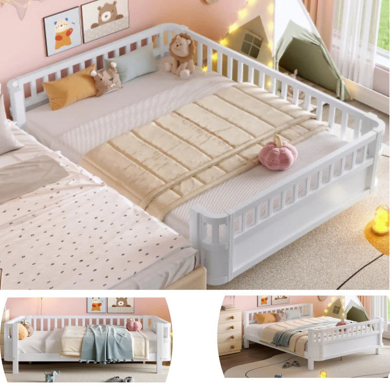 Bellemave Full Size Bed Frame, Full Montessori Bed with Safety Guardrails and Detachable Fence, Wood Full Daybed Frame, Low Profile & Rounded Corners Design, Natural