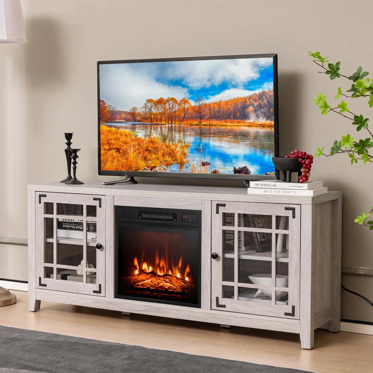 Costway 58 Inches Fireplace TV Stand for TVs up to 65 Inches with 1400W Electric Fireplace Natural