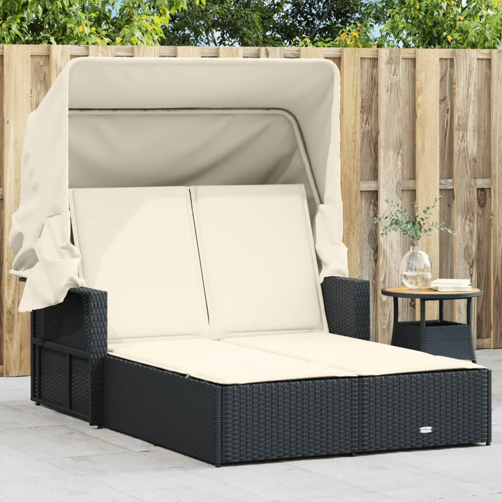 vidaXL Powder Coated Steel Removable Canopy and Cushions Double Sun Lounger, Beige