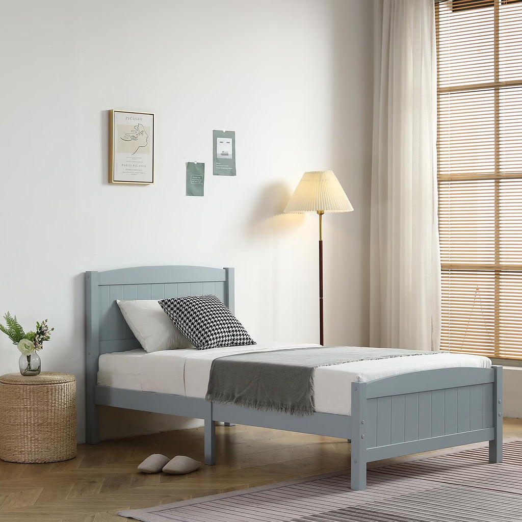 Ktaxon Deluxe Wood Platform Bed with Headboard, Teen Bed Gray,Twin
