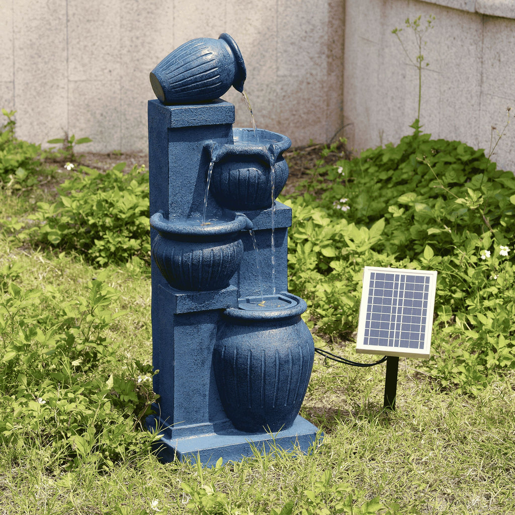 Teamson Home Outdoor Water Fountain with Lights 4-Tier Cascading Bowl Design with LED Light & Solar Pump, Solar-Powered Water Fountain Outdoor Garden, Yard, or Patio Dcor, Navy Blue