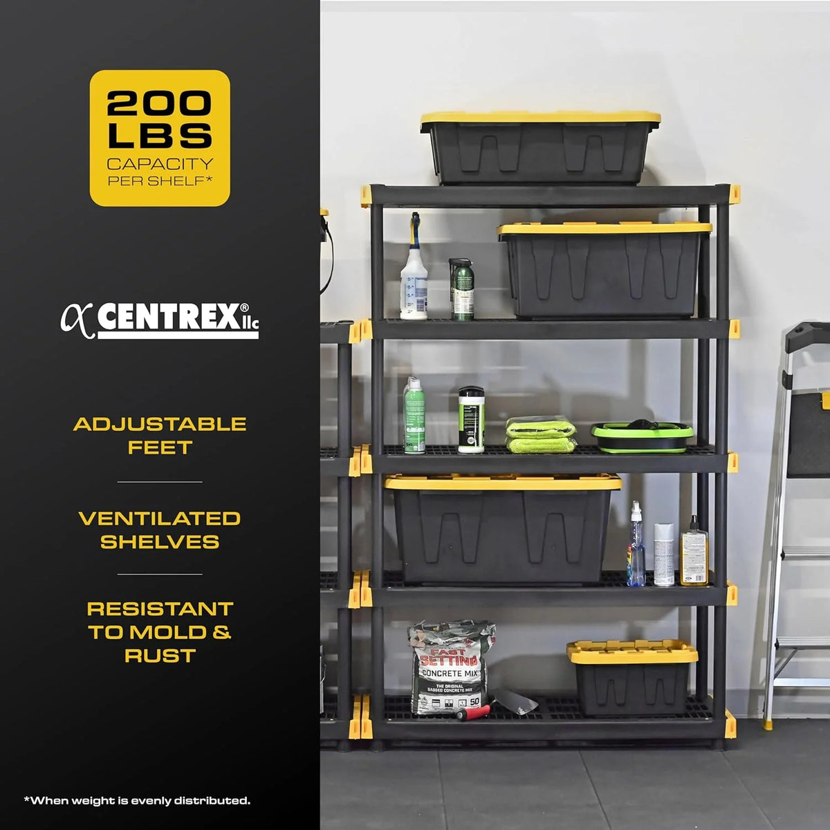 Black & Yellow, 5-Tier Heavy Duty Plastic Storage Shelving Unit, 200lbs/shelf (72 H x 48 W x 20 D), for Indoor/Outdoor Organization, Modular Rack