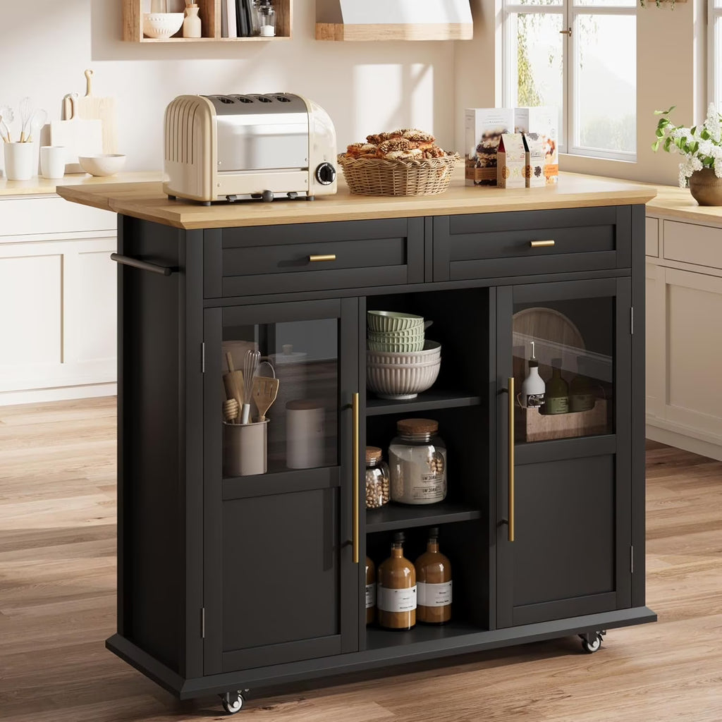 WALYWIK Foldable Kitchen Island Cart with Wheels, 2 Glass Doors, Spice Rack & Towel Holder Compact Mobile Storage Cart for Small Kitchens, Dining Rooms, Camping & RVs - Grey