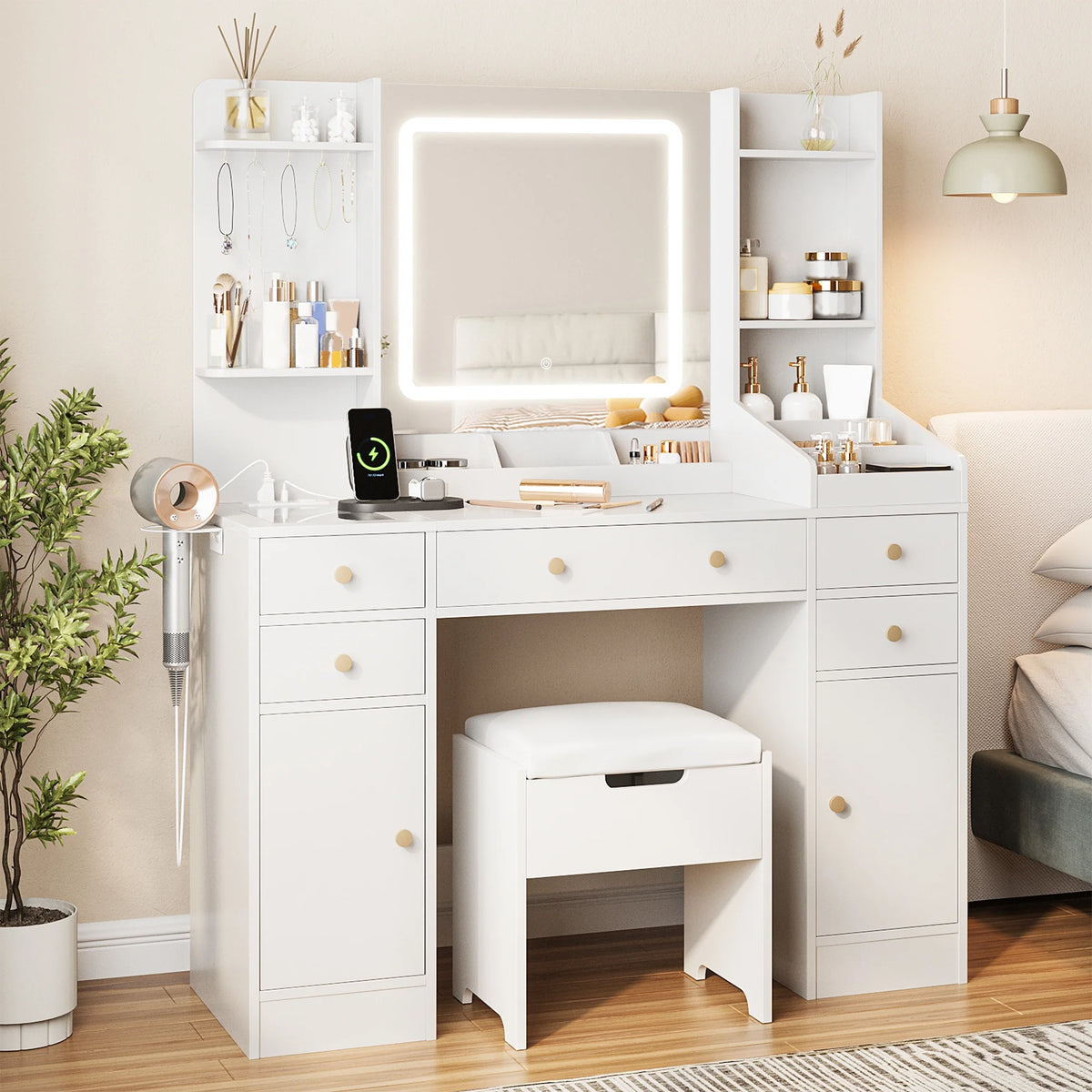 Vanity Set with Mirror and Lights, Makeup Table with Charging Station,5 Drawers & Storage Shelves, White