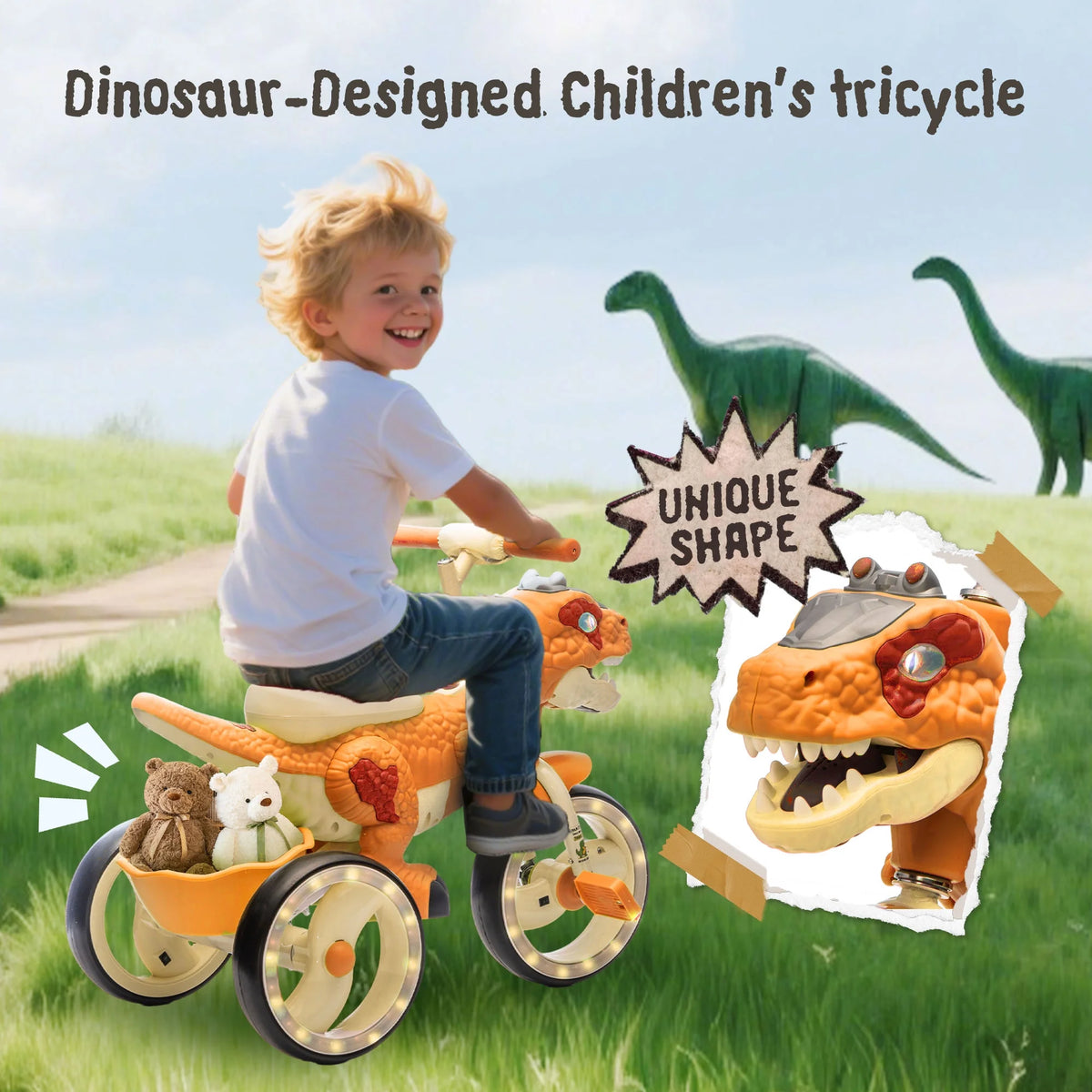 Xuanlur Kids Ride on Dinosaur Tricycle, Toddlers Kid Trike with Wide Flash Wheels, Anti-Slip Pedals, Rear Basket, Music & LED Lights, Toddler Bike Toys Gift for 3-6 Year Old Boys & Girls (Green)