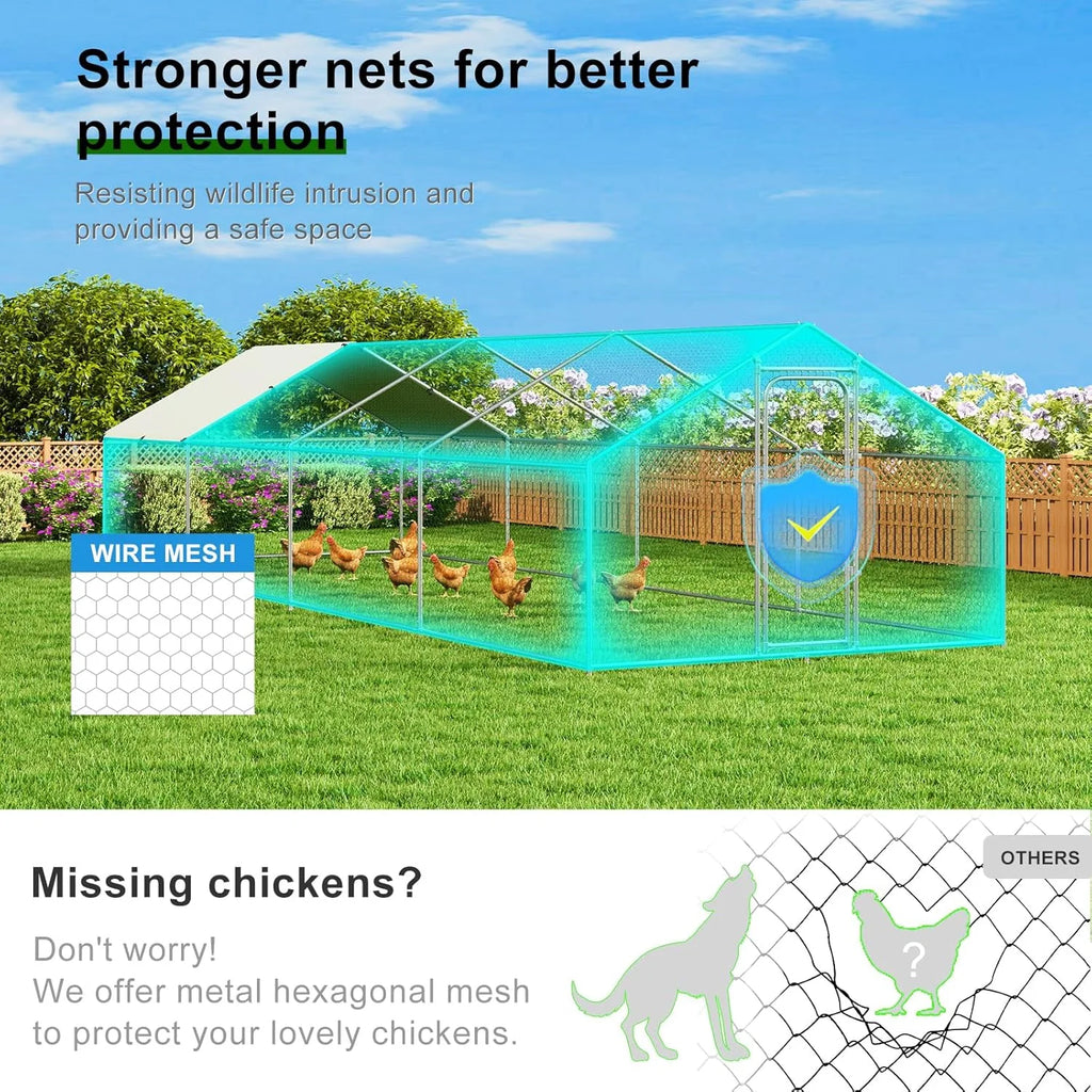Large Metal Chicken Coop Walk-in Poultry Cage with Waterproof and UV-Resistant Cover Outdoor Chicken Run Hen Rabbit Duck House for Backyard Farm Use Spire Roof(10 W x 4.9 L x 6.4 H)