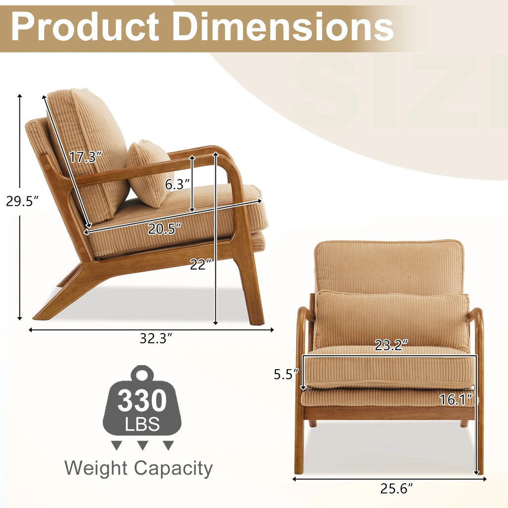 Ktaxon Accent Chair Corduroy Upholstered Armchair, Reading Club Chair with Pillow and Solid Wood Frame for Living Room Bedroom Furniture Off White