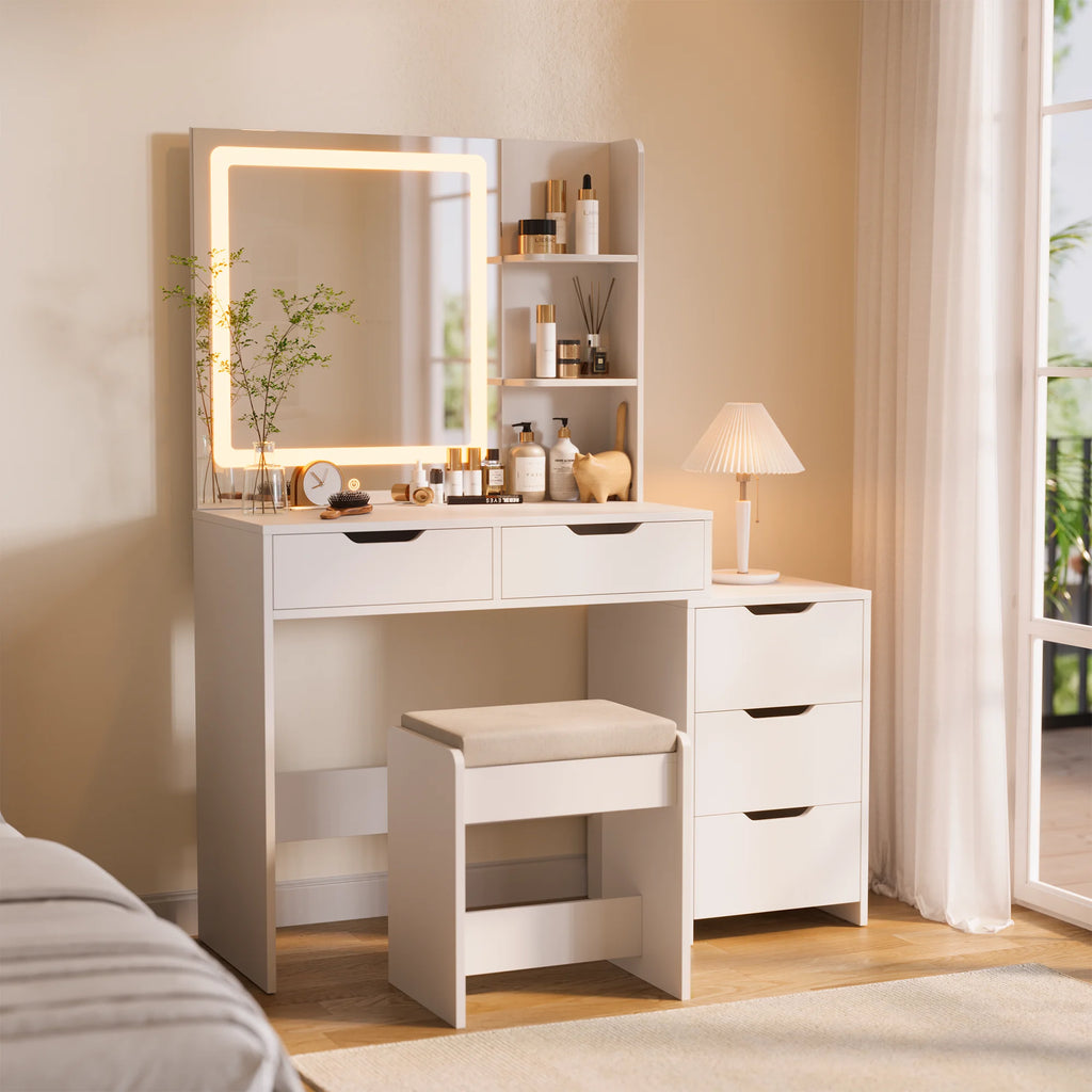 Vanity Desk, Lofka Makeup Vanity with Mirror and Lights, Large Vanity Table Set, White