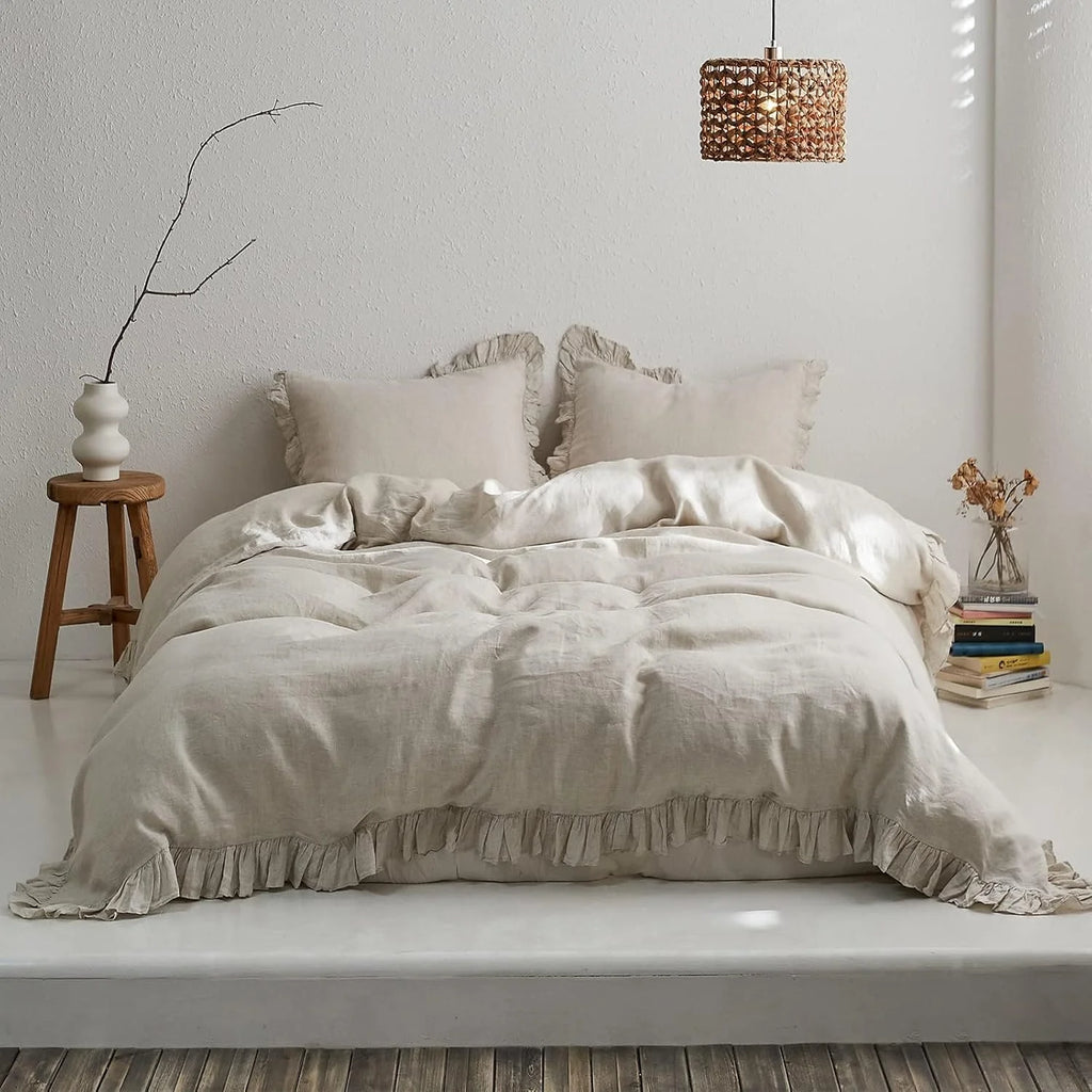 Simple&Opulence 100% Washed Linen Duvet Cover Set-3 Pieces Shabby Chic Premium Ruffled Bedding with 1 Comforter Cover and 2 Pillowshams France Flax High End Frill Sets Vintage Style(King, White)