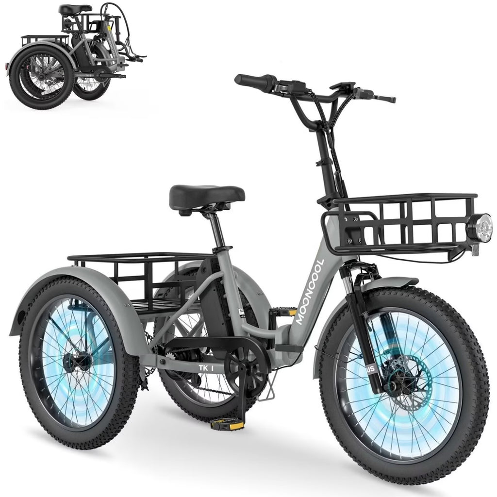 MOONCOOL TK1 Folding Electric Tricycle for Adults,48V 14.5Ah Removable battery, 500W Peak 1000w Motor, 20" Fat Tire Step-Thru 3Wheel Electric Bicycle w/Front&Rear Baskets, Certified to UL 2849 by SGS