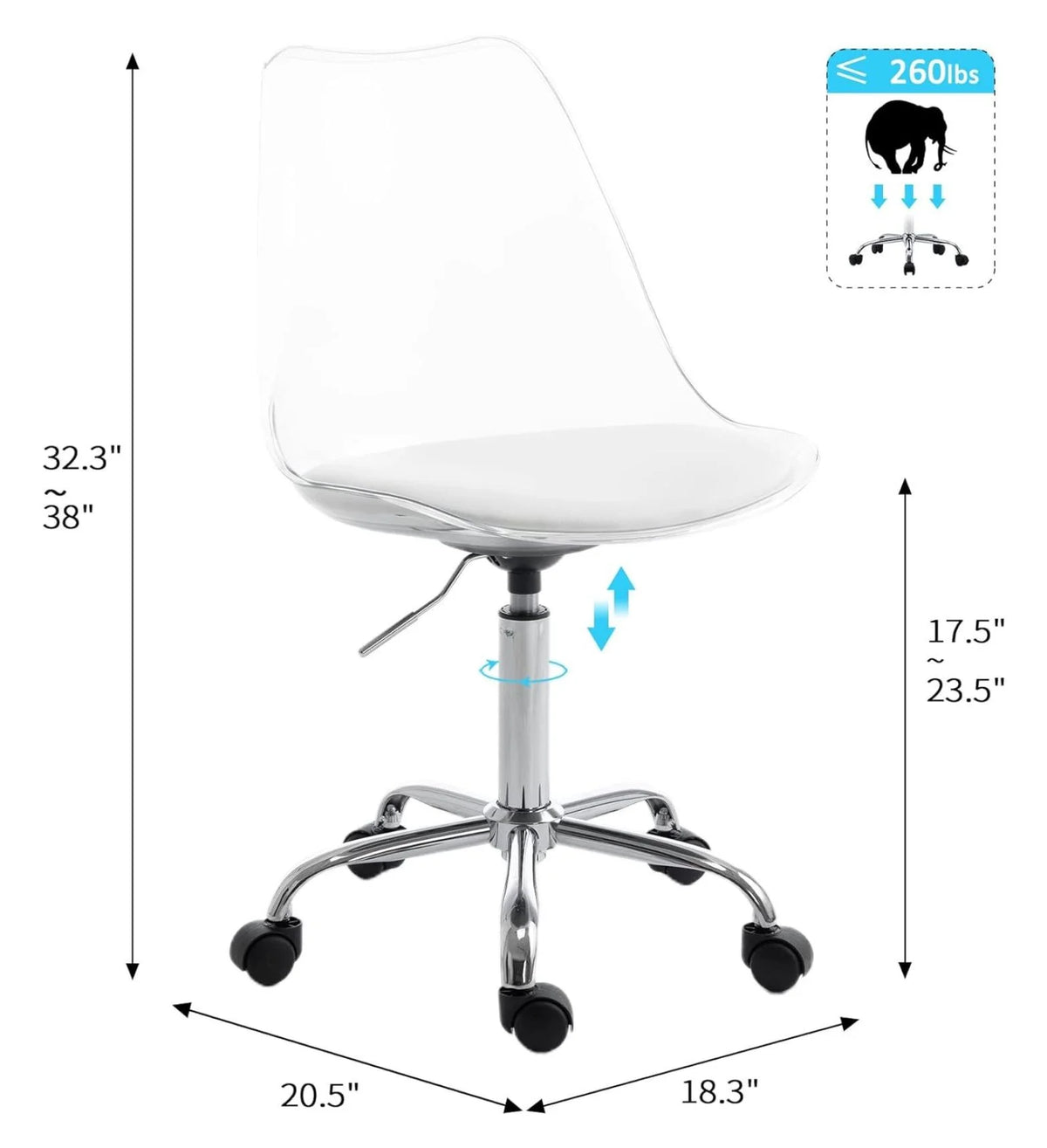 saney Clear Rolling Chair, Armless Desk Chair with Golden Feet Swivel Molded Plastic Shell Adjustable Home Office Chair with Wheels, Clear