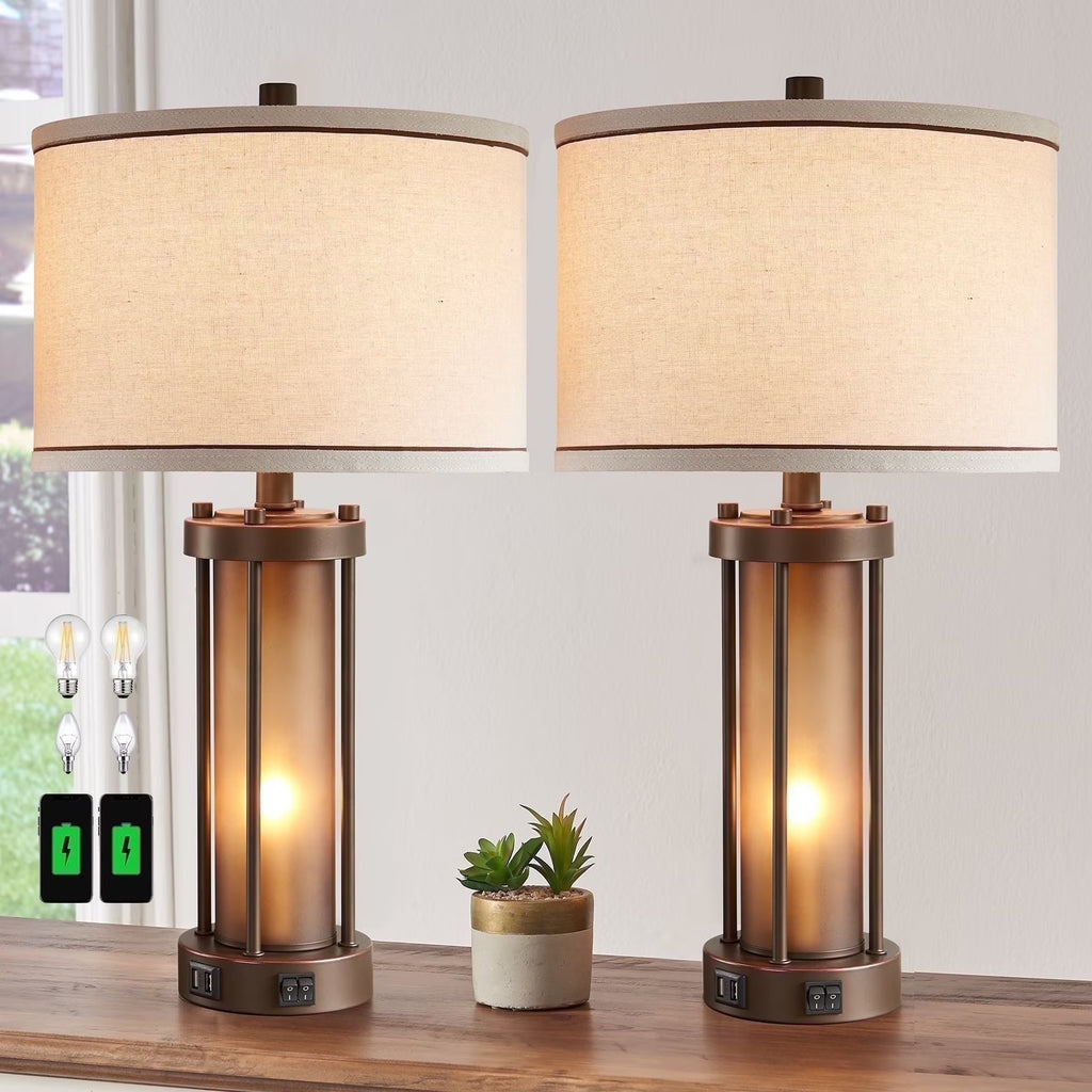 RORIA 24 Modern Living Room Table Lamp 2-Piece Set with 2 USB Charging Ports, Built-in White Frosted Glass with Night Light, Black Vintage Rustic Farmhouse Lamp for Bedroom Nightstand Lamps
