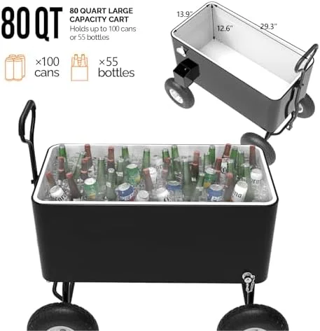 80 Quart Wagon Rolling Cooler Ice Chest, /Long Handle and 10" Wheels, Portable Beach Patio Party Bar Cold Drink Beverage, Outdoor Park Cart on Wheels