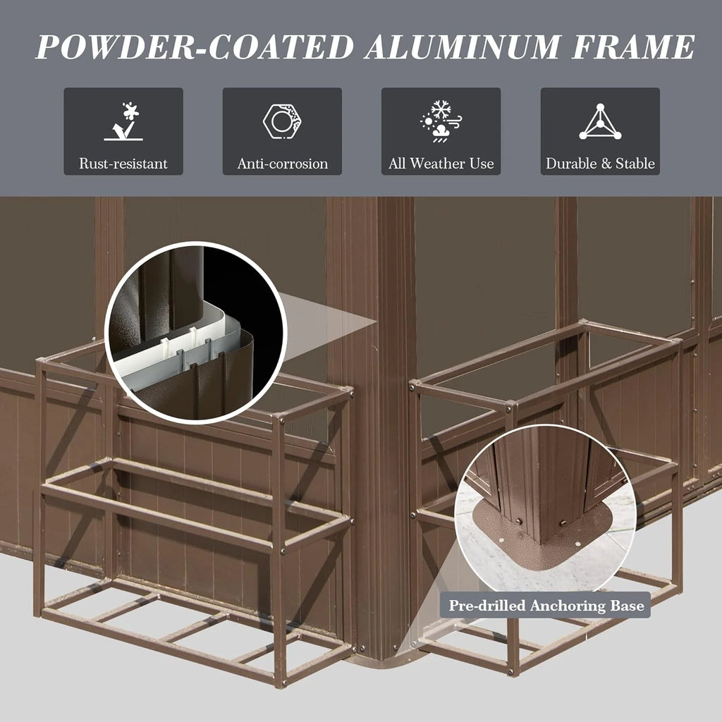 Domi Outdoor Living 10' x 12' Hardtop Lean-to Gazebo, Wall-Mounted with Galvanized Steel Roof Wall Pergola with Aluminum Frame, Curtains and Netting, for Patio, Deck, Garden, Backyard