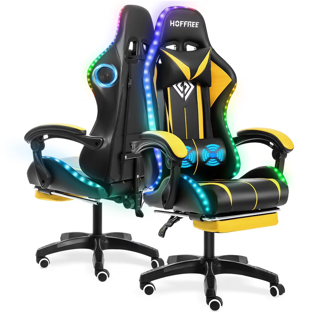 Hoffree Gaming Chair with Bluetooth Speakers and Footrest Massage Office Chair with LED Lights Ergonomic Game Chair High Back with Lumbar Support and Headrest Adjustable Swivel for Adults 300lb