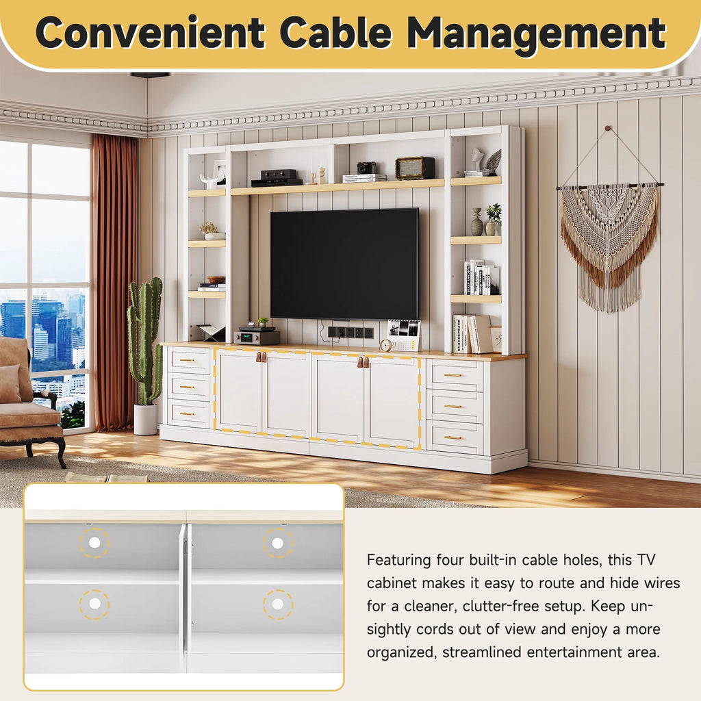 Euroco 102.3"W Farmhouse 4-Piece Entertainment Center Wall Unit with Adjustable Shelf, Modern Large TV Stand with Bookshelves