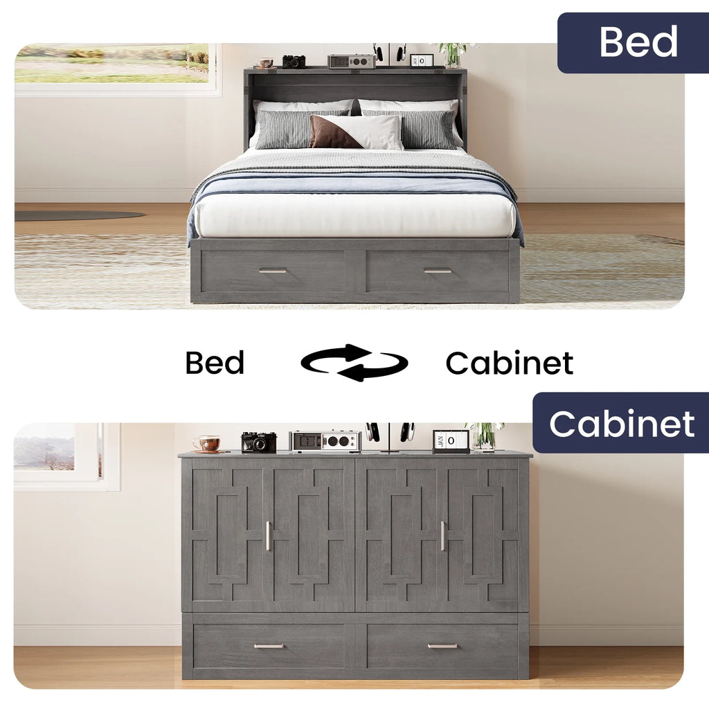 ZAFLY Murphy Bed with Trifold Foam Mattress, Cabinet Bed has USB Charging Station, Convertible Bed with Storage Platform, Cabinet Chest Bed with Large Drawers for Living Room/Bedroom (Grey)
