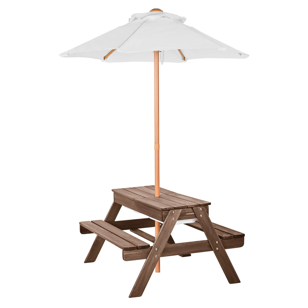 VEVOR Kids Picnic Table with Umbrella, 3-in-1 Sand & Water Table, Outdoor Wooden Table and Bench Set with 2 Trays, 4-People Patio Dining Furniture for Garden, Backyard and Porch (Walnut)