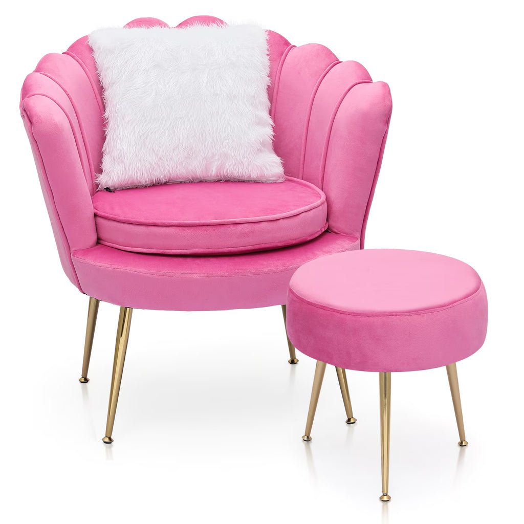 MoNiBloom Set of 2 Velvet Tufted Accent Chair with Pillow and Stool, Upholstered Modern Single Sofa Side Chair with Padded Seat and Golden Metal Legs, Living Room Armchair, Black