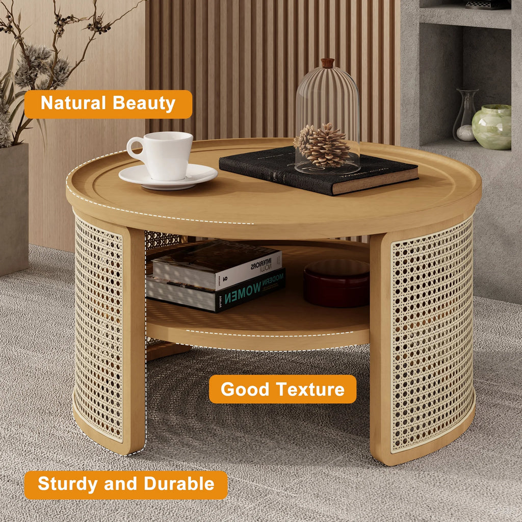 Harper & Bright Designs Rattan Round Coffee Table with Storage Shelf, Round Cane Wood Center Table for Living Room, 37'' Brown