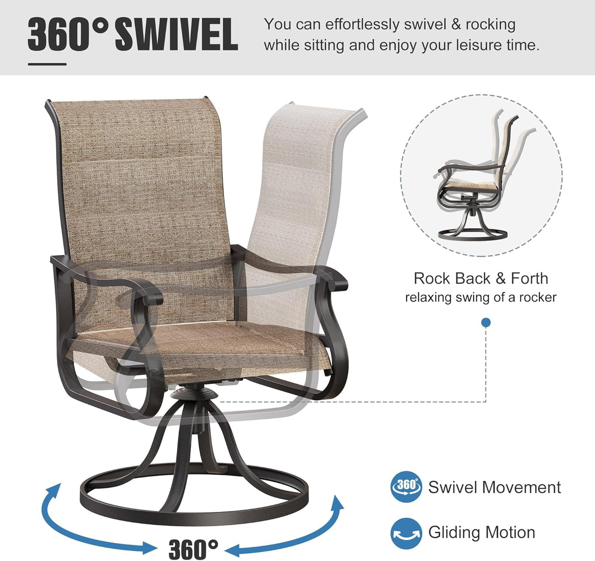 ELPOSUN Patio Swivel Chairs Set of 2, Outdoor Dining Chairs High Back All Weather Breathable Textilene Outdoor Swivel Chairs with Metal Rocking Frame for Lawn Garden Backyard Deck, Khaki