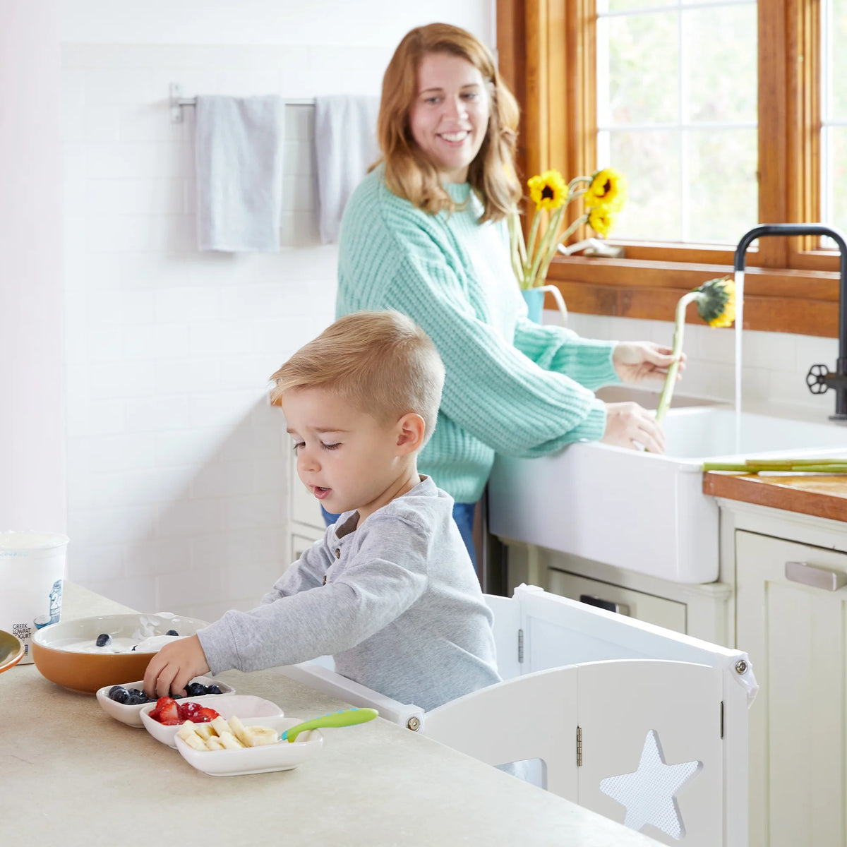 Guidecraft Classic Kitchen Helper Kids' Step Stool - Natural: Foldable and Adjustable Wooden Toddler Tower for Learning with Keeper