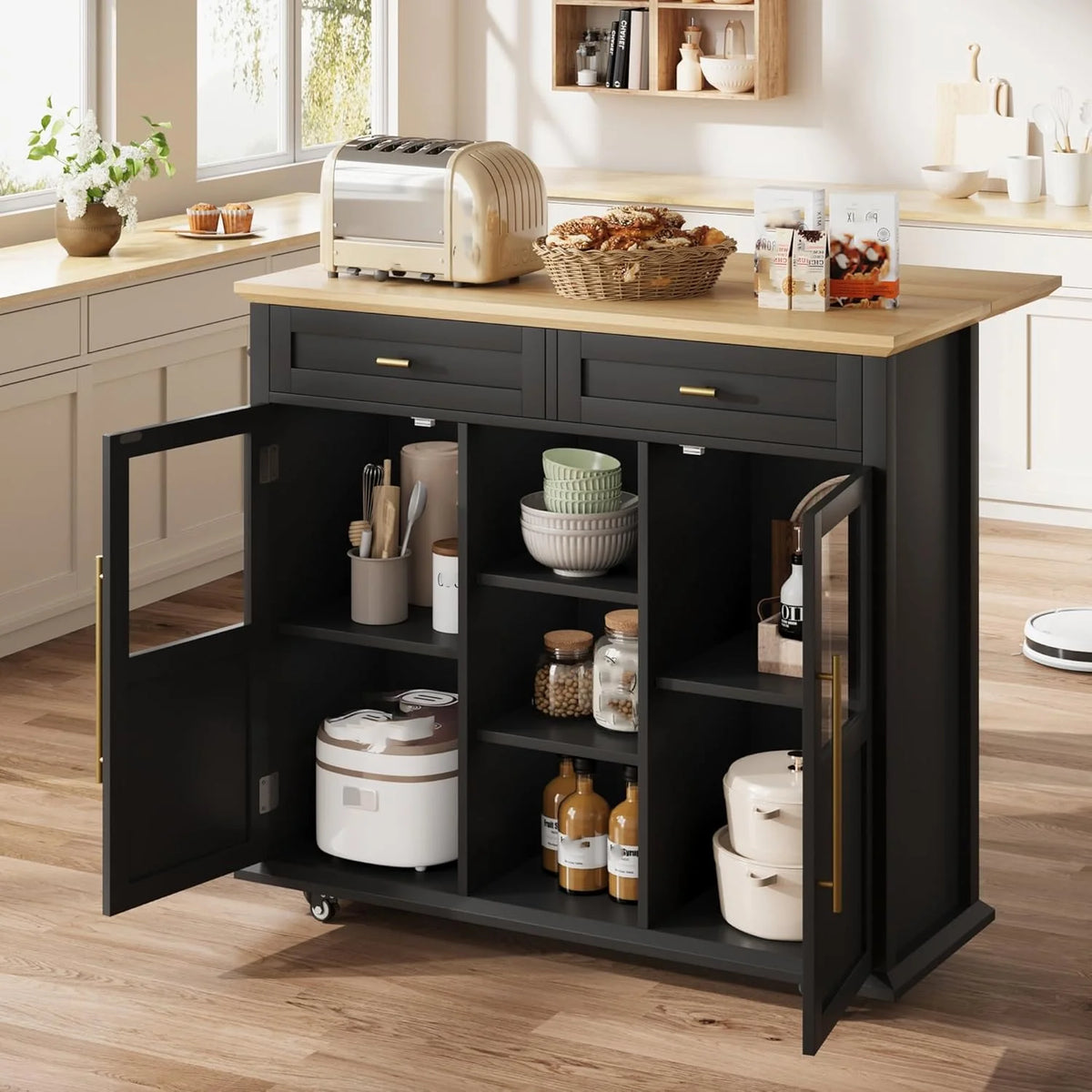 WALYWIK Foldable Kitchen Island Cart with Wheels, 2 Glass Doors, Spice Rack & Towel Holder Compact Mobile Storage Cart for Small Kitchens, Dining Rooms, Camping & RVs - Grey
