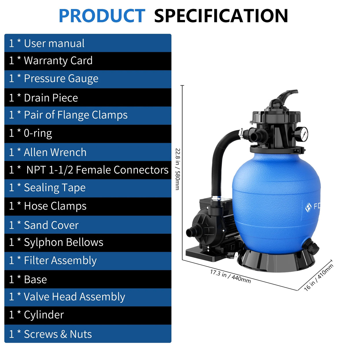 FOTING Sand Filter Pump for Above Ground Pool with Timer, 13in, Max 3800GPH for Pools Up to 13000GAL, 1HP, 6-Way Valve, Enhanced Circulation for Crystal-Clear Pool