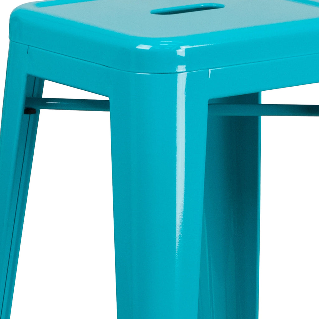 Merrick Lane Crystal Blue 30" High Backless Metal Bar Height Stool with Square Seat for Indoor-Outdoor Use