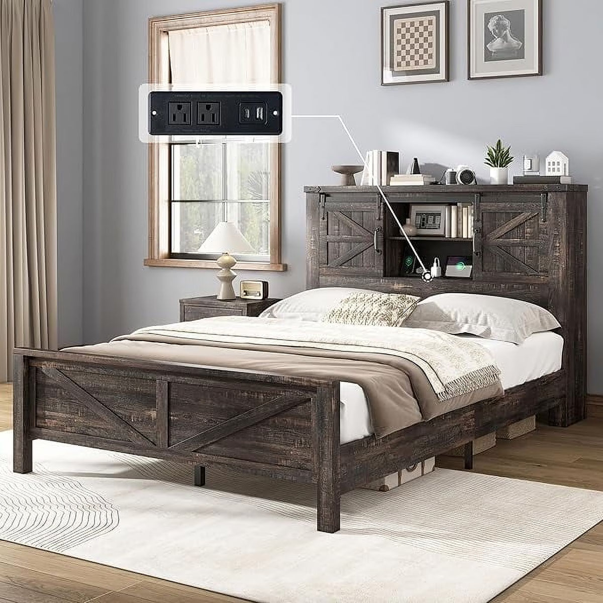 Merluxy Farmhouse Full Bed Frame with Storage Bookcase & Charging Station, Bedroom Furniture, Grey