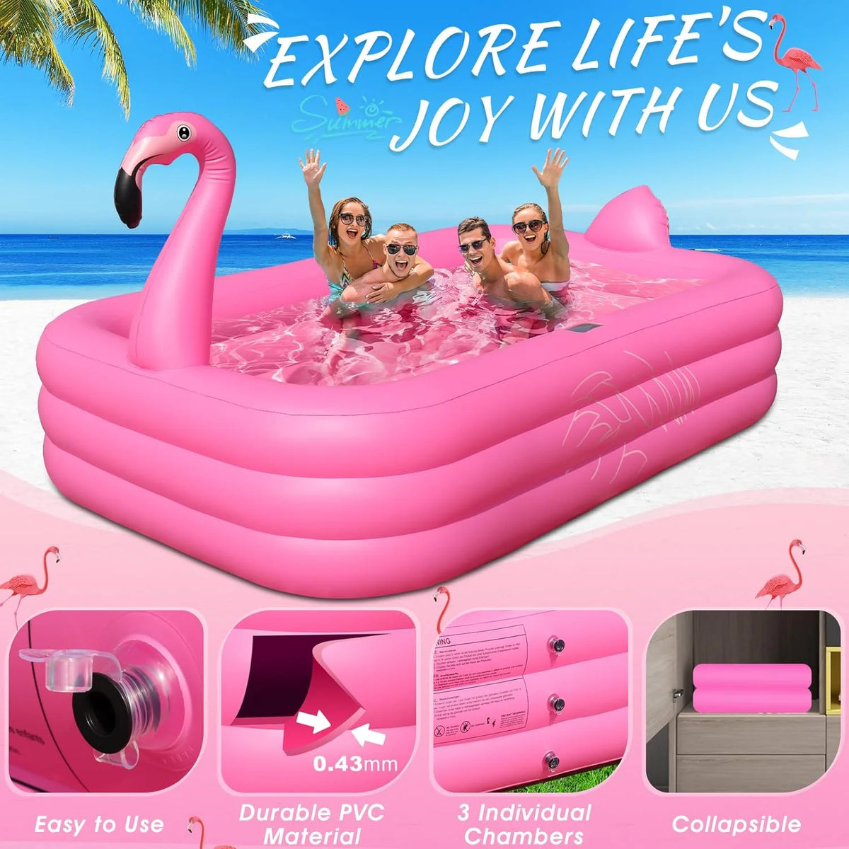 Inflatable Pool with Lights,  Solar Flamingo Swimming Pool for Kids,Adults Inflatable Blow up Pool, Large Kiddie Pool, Durable Thickened Inflatable Family Pool for Backyard,Outdoor,105"x65"x25"