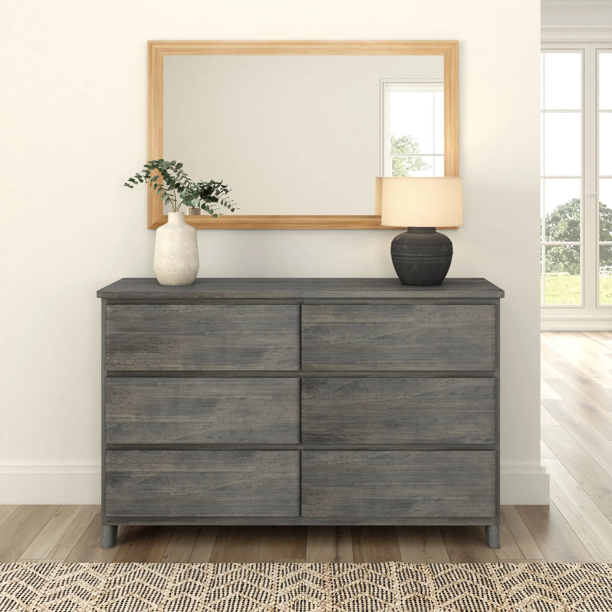 Plank+Beam Solid Wood Farmhouse 6 Drawer Dresser, Barnwood Brown