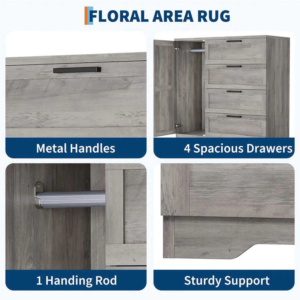 Ataucjin Wood Armoire Wardrobe Closet with 4 Drawers and Door, 43.3" H Bedroom Wardrobe Cabinet with Hanging Rod, Clothing Storage Cabinets, 4 Drawers Dresser with Storage Closet