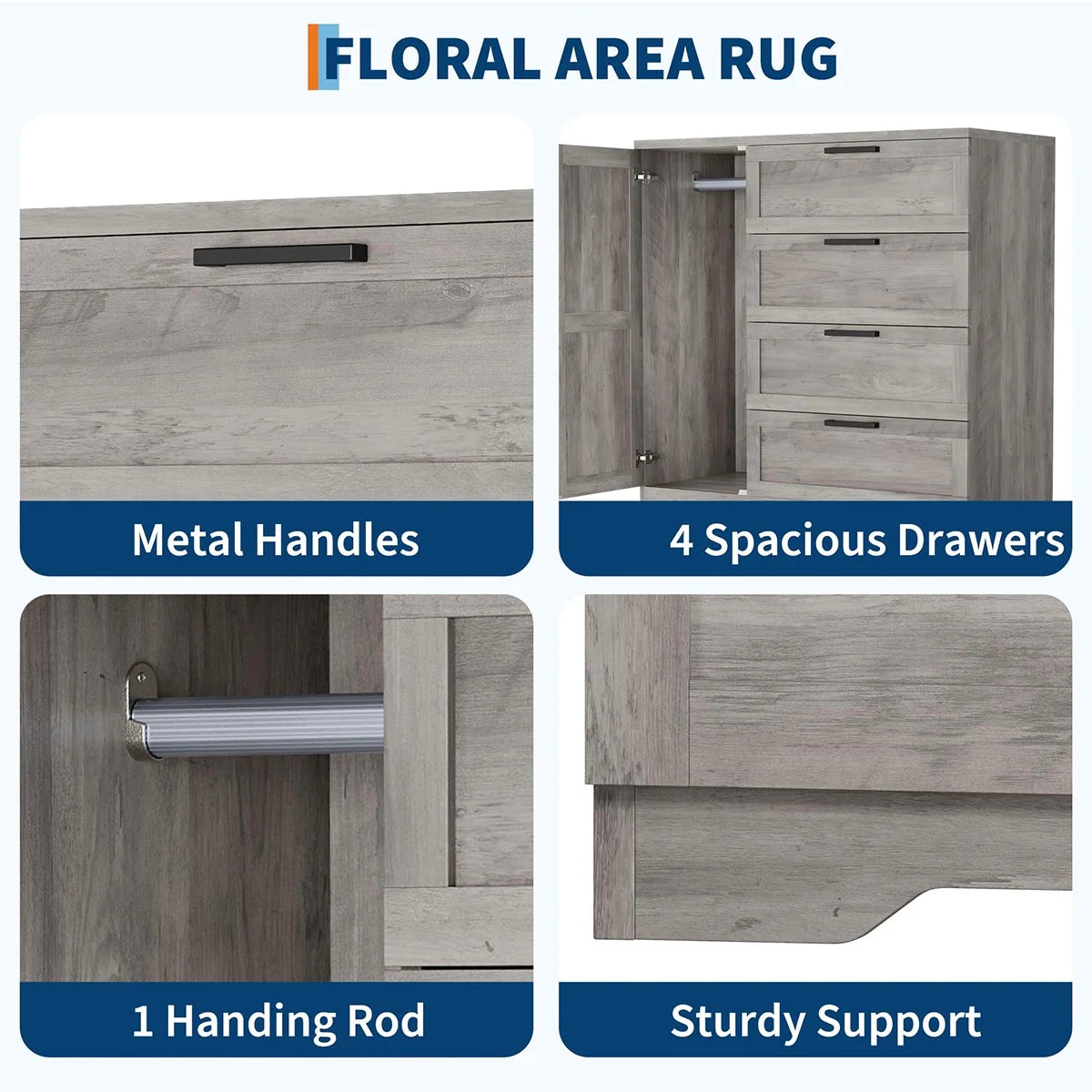 Ataucjin Wood Armoire Wardrobe Closet with 4 Drawers and Door, 43.3" H Bedroom Wardrobe Cabinet with Hanging Rod, Clothing Storage Cabinets, 4 Drawers Dresser with Storage Closet