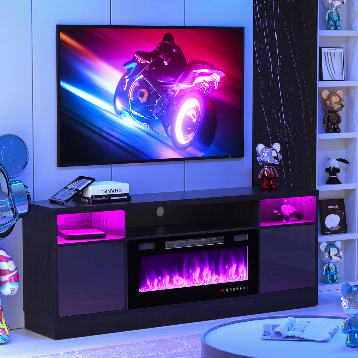 BREEZEHEAT Electric Fireplace TV Stand-70 inch TV Stand with 36" Electric Fireplace-Living Room Tv Cabinet with Storage for TVs Up to 80"-Led Entertainment Center Modern Media Console (Black)