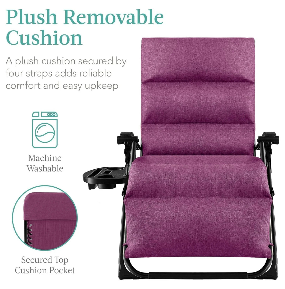 Oversized Chair, Folding Outdoor Patio Recliner, XL Anti Gravity Lounger w/Removable Cushion, Cup Holder, Side Tray, 350lb Capacity - Taupe