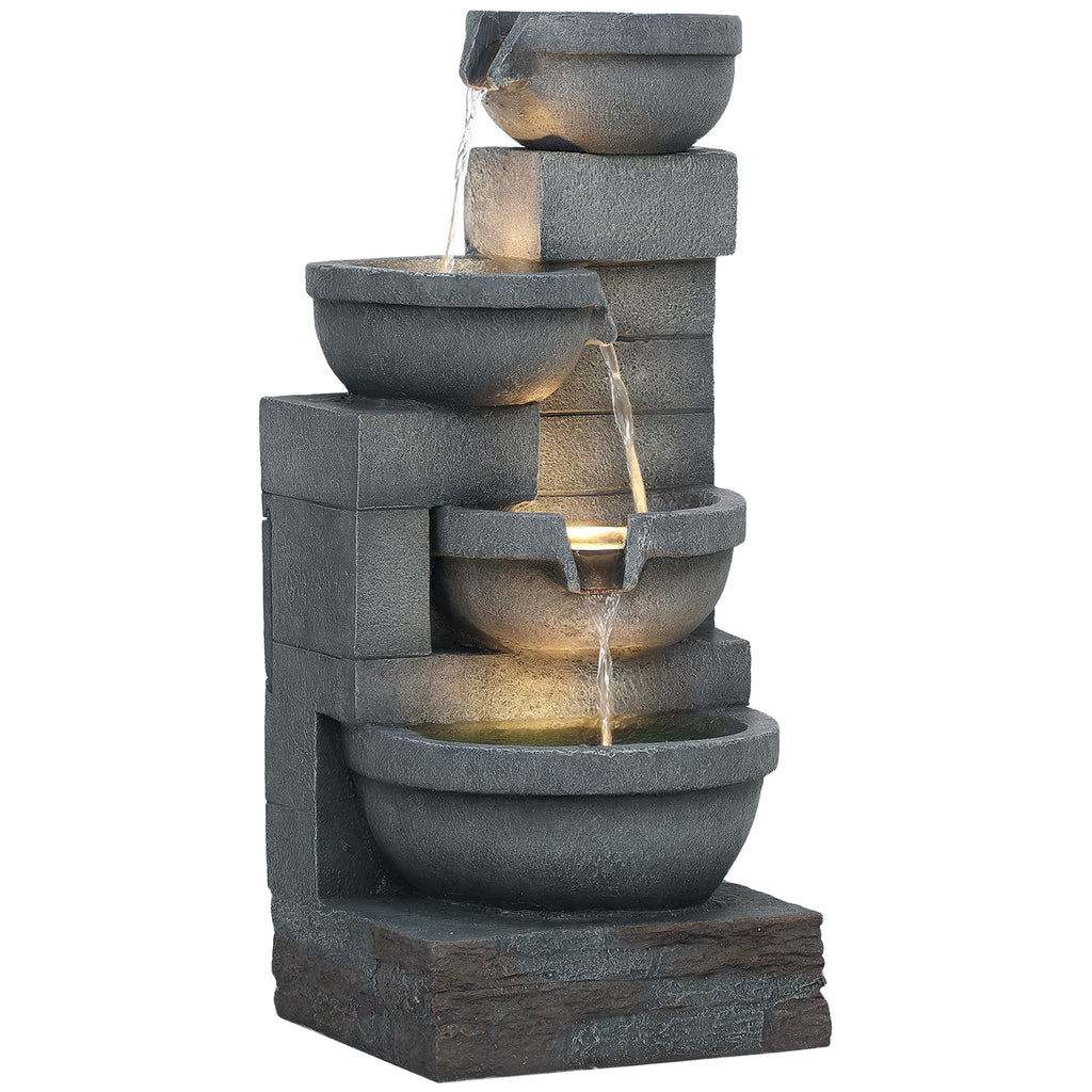 Outsunny 30" Outdoor Fountain with Lights, 4-Tier Resin Cascading Water Bowls Garden Fountain with Pump, Gray