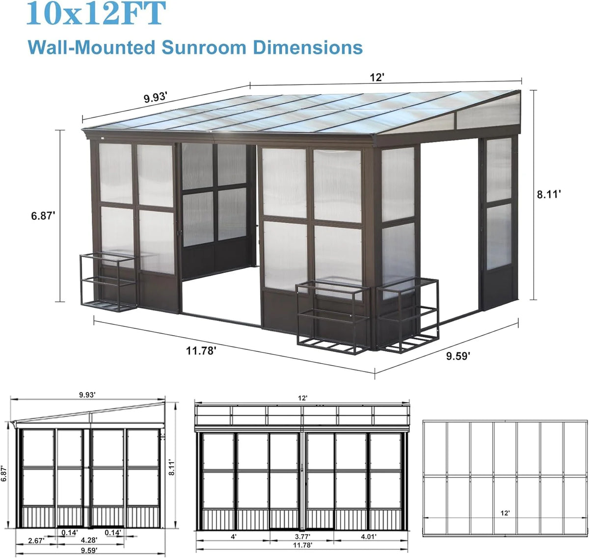 Domi Outdoor Living 10' x 12' Hardtop Lean-to Gazebo, Wall-Mounted with Galvanized Steel Roof Wall Pergola with Aluminum Frame, Curtains and Netting, for Patio, Deck, Garden, Backyard