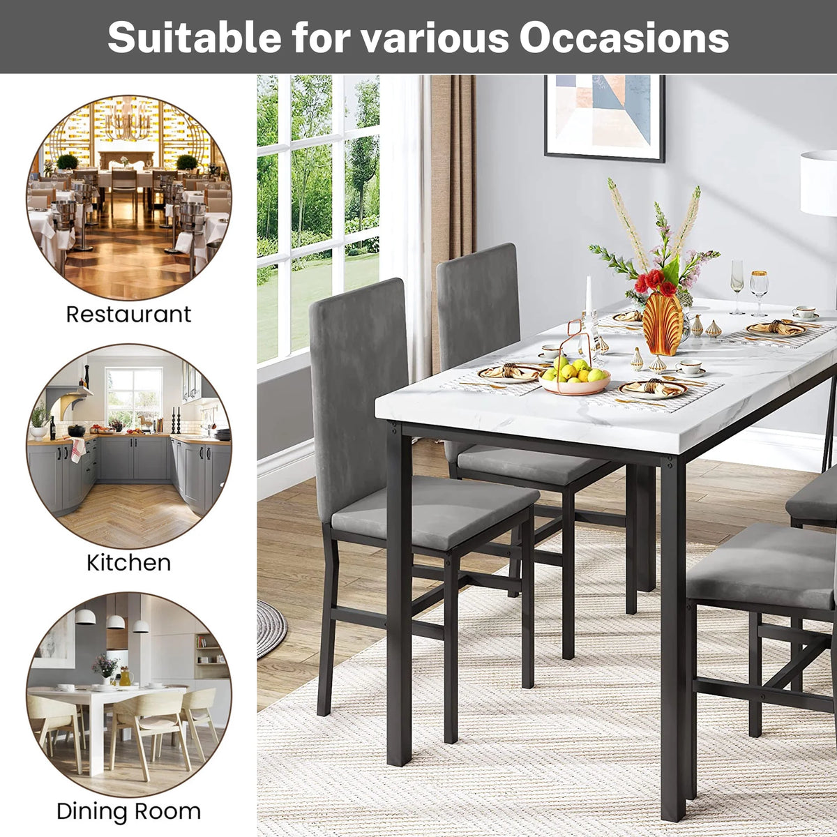 5 Piece Dining Set, Modern Dining Table and Chairs Set for 4, Counter Height Bar Table Set, Modern Pub Table with 4 Velvet Fabric Cushioned Stools, Faux Marble Dining Table & Stools Set, D9297
