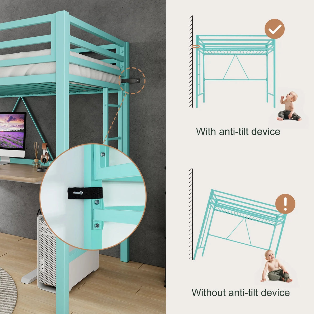 Amolife Twin Size Heavy Duty Metal Loft Bed with Removable Ladder & Full-Length Guardrail, Black